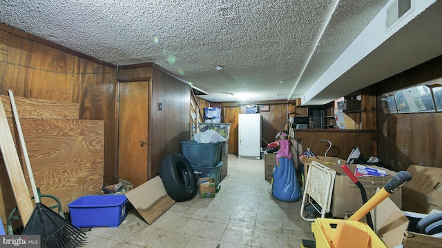 basement featuring wood walls