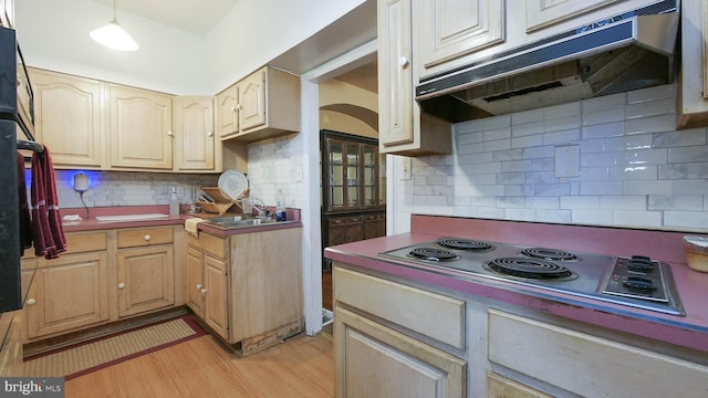 kitchen with light hardwood / wood-style floors, sink, cooktop, and tasteful backsplash