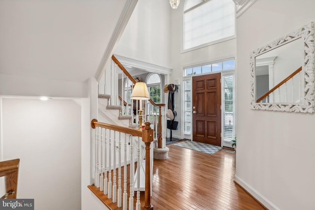 foyer entrance featuring a wealth of natural light, a towering ceiling, and wood-type flooring