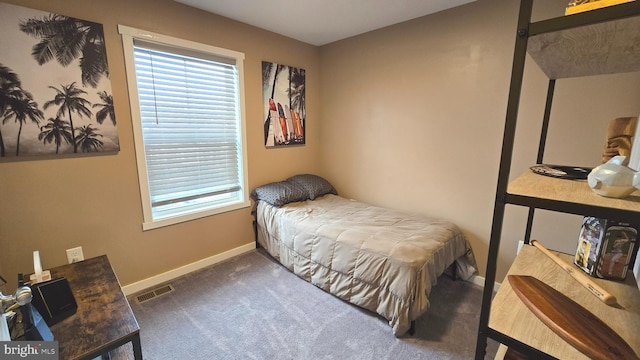 bedroom with dark carpet