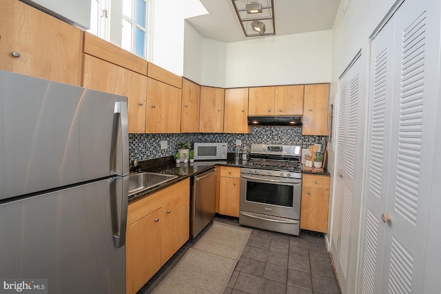 kitchen featuring sink, tasteful backsplash, dark tile patterned floors, a towering ceiling, and appliances with stainless steel finishes