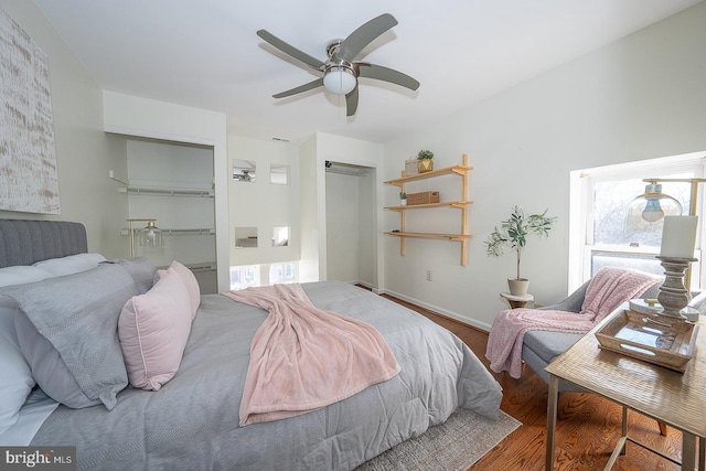 bedroom featuring ceiling fan, wood-type flooring, and a closet