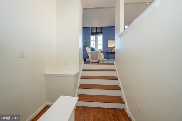 stairway featuring hardwood / wood-style flooring