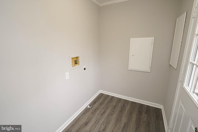 clothes washing area featuring hookup for an electric dryer, dark hardwood / wood-style floors, crown molding, and hookup for a washing machine