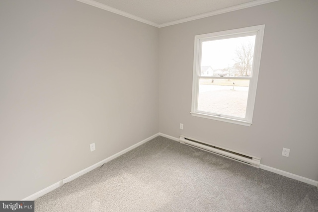 carpeted empty room with crown molding and a baseboard radiator