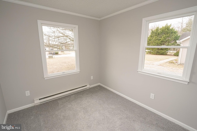 empty room featuring carpet, plenty of natural light, a textured ceiling, and a baseboard radiator