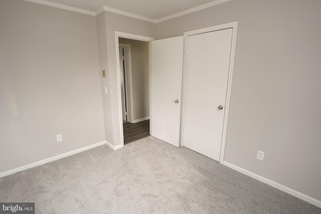 unfurnished bedroom with light carpet and ornamental molding