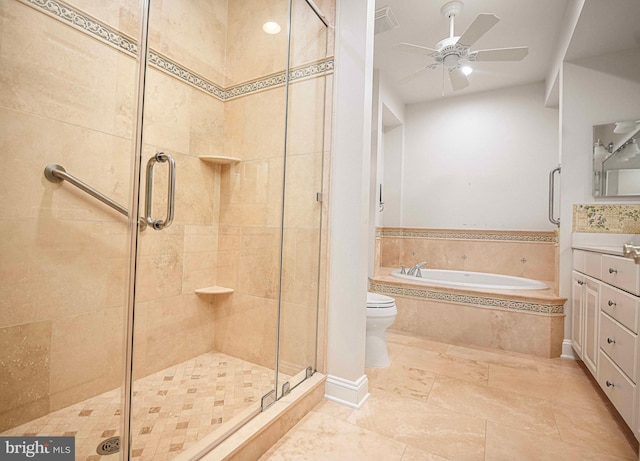 full bathroom with vanity, separate shower and tub, toilet, and ceiling fan