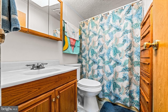 bathroom with vanity, a textured ceiling, and toilet