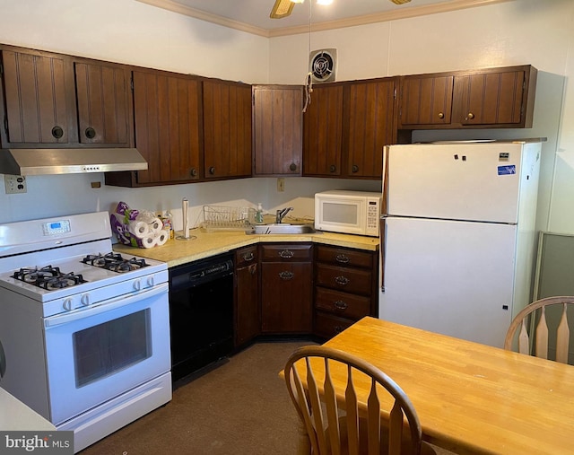 kitchen with dark brown cabinets, white appliances, crown molding, and sink