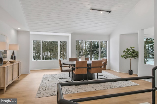 sunroom / solarium with lofted ceiling, rail lighting, a wealth of natural light, and wooden ceiling