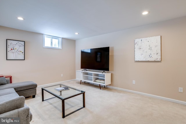 living room featuring light colored carpet