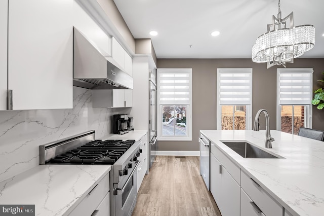 kitchen with stainless steel appliances, white cabinets, and sink