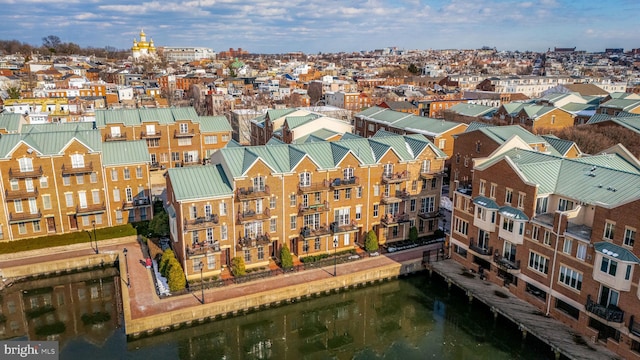 drone / aerial view with a water view