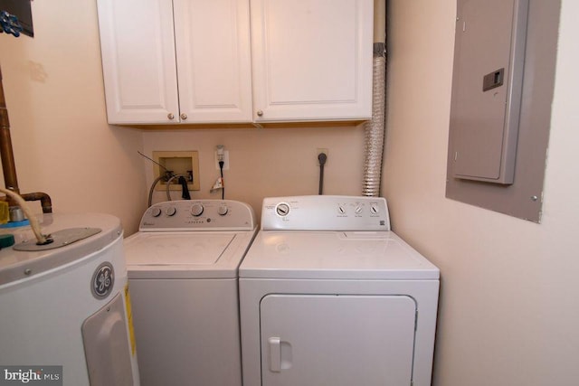 laundry room with washer and clothes dryer, cabinets, electric panel, and water heater