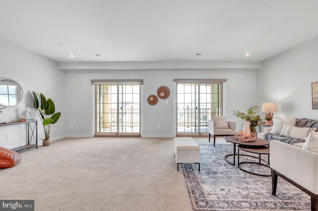 living room featuring a healthy amount of sunlight and carpet floors