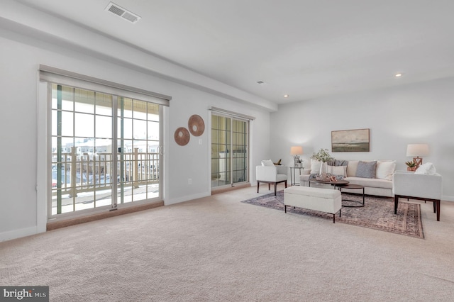 living room featuring light carpet