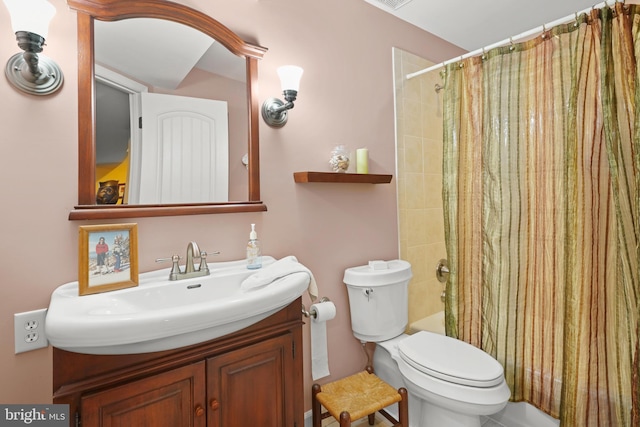 full bathroom with toilet, vanity, and shower / bathtub combination with curtain