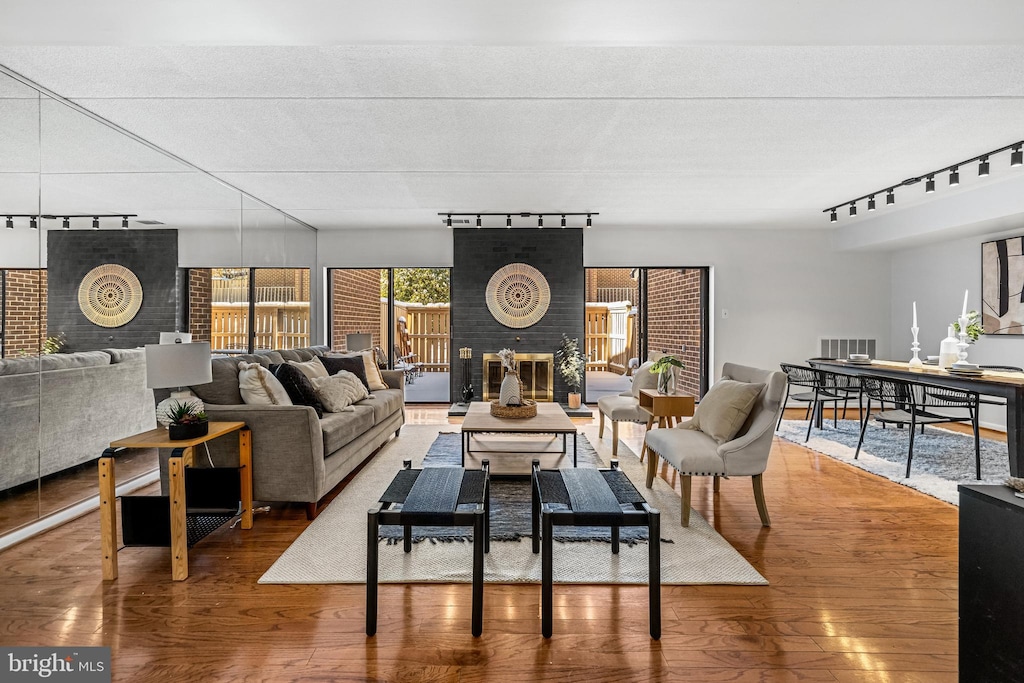 living room with hardwood / wood-style floors, a fireplace, and rail lighting