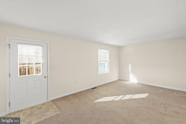 spare room featuring light colored carpet and a textured ceiling