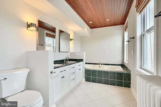 bathroom featuring vanity, a relaxing tiled tub, toilet, radiator heating unit, and wood ceiling