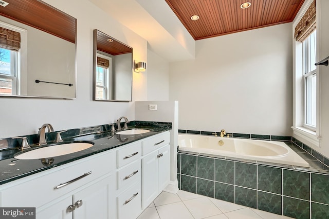 bathroom with tile patterned flooring, plenty of natural light, and wood ceiling