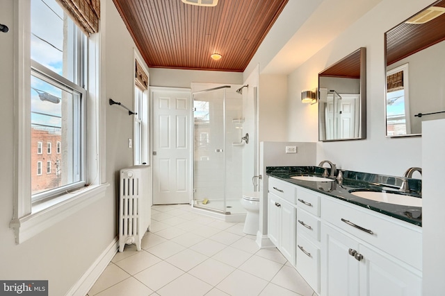 bathroom featuring walk in shower, toilet, radiator, and wooden ceiling