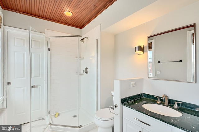 bathroom with wooden ceiling, walk in shower, tile patterned floors, toilet, and vanity