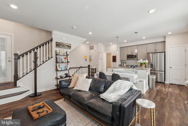 living room featuring sink and dark hardwood / wood-style flooring