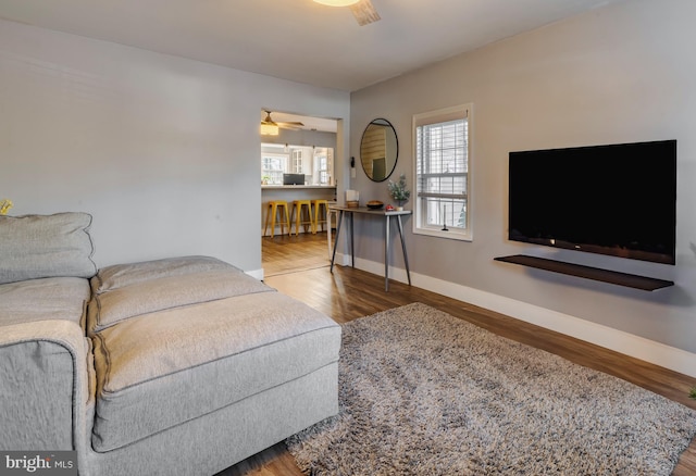 living room featuring wood-type flooring and ceiling fan