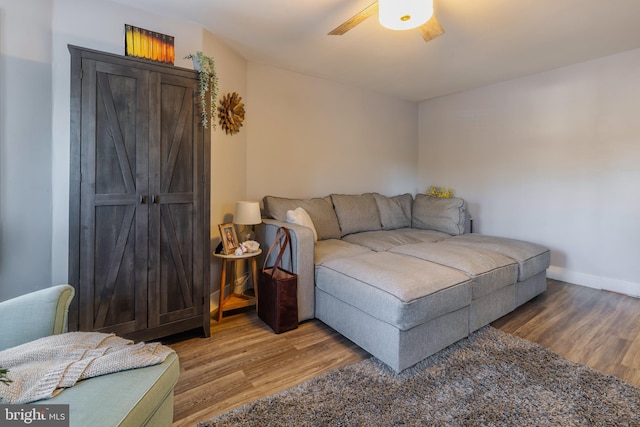 living room featuring ceiling fan and wood-type flooring