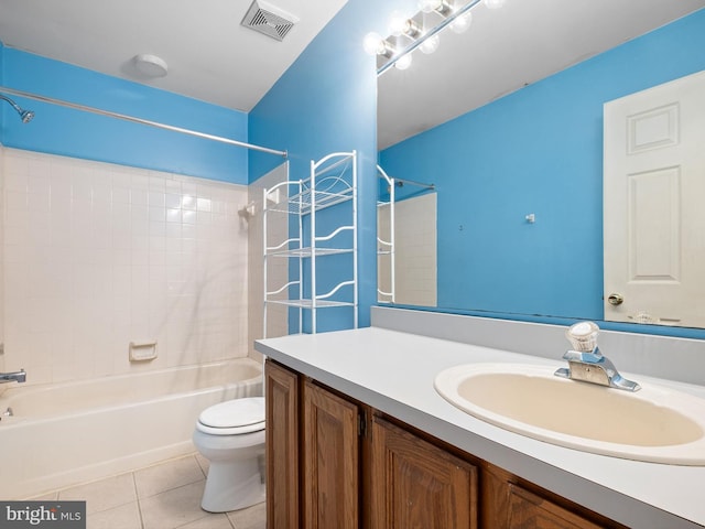 full bathroom featuring vanity, visible vents, bathing tub / shower combination, tile patterned floors, and toilet