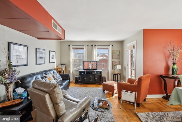 living room with light parquet flooring