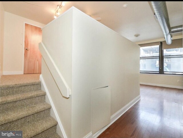 stairway featuring hardwood / wood-style flooring