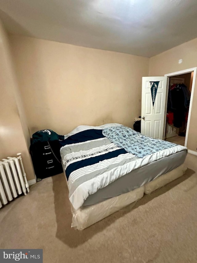 bedroom with radiator heating unit and carpet floors