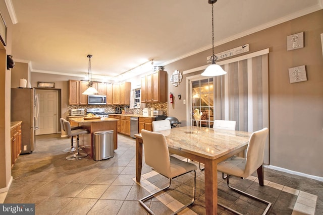 tiled dining space with ornamental molding