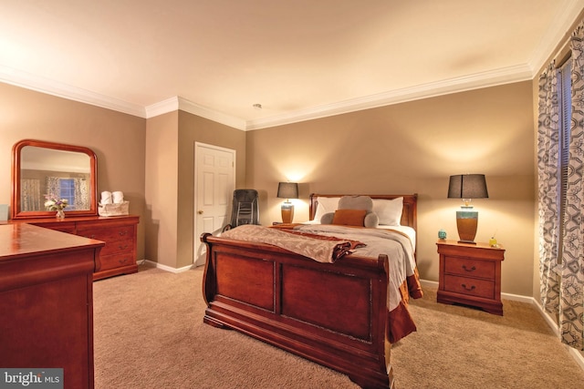 bedroom with light carpet and crown molding