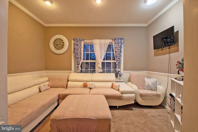 carpeted living room with crown molding