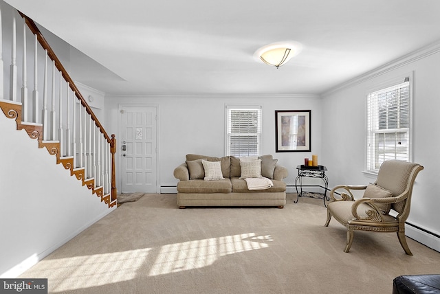 carpeted living room with a baseboard radiator and ornamental molding