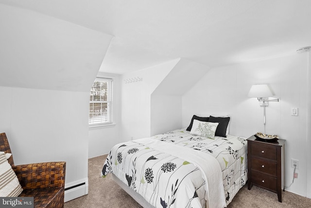 bedroom with light carpet, lofted ceiling, and a baseboard heating unit