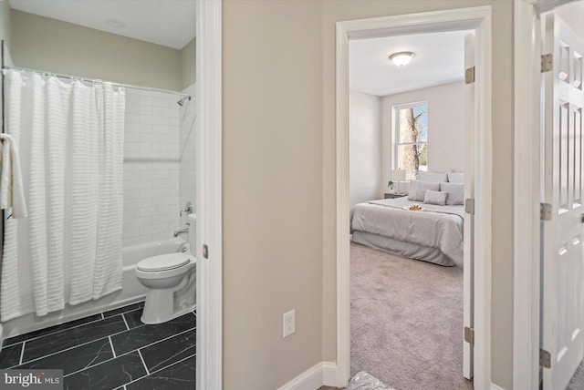 bathroom with toilet and shower / bathtub combination with curtain