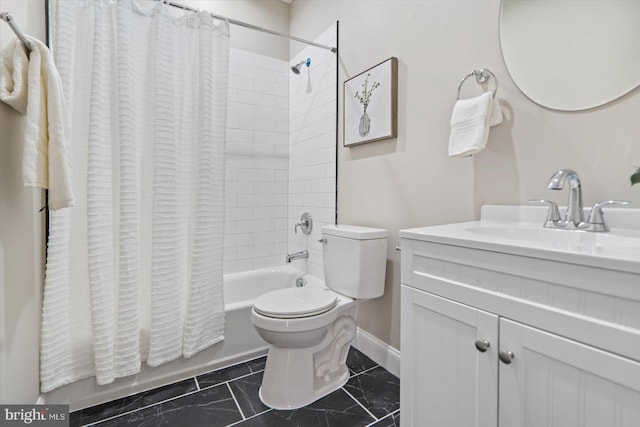 full bathroom featuring toilet, shower / tub combo, and vanity