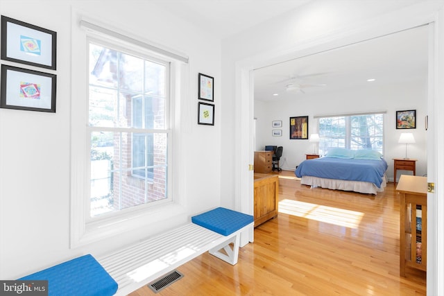 bedroom with multiple windows and light wood-type flooring