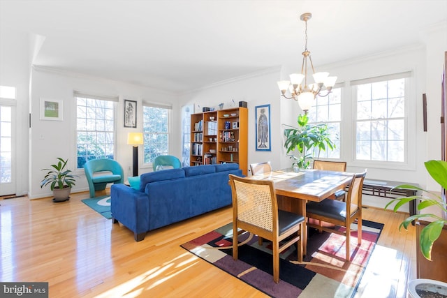 dining room featuring a notable chandelier, light wood-type flooring, and ornamental molding