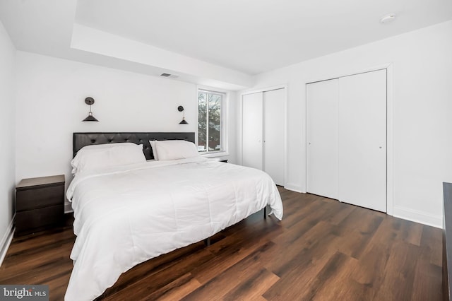 bedroom featuring dark wood-type flooring and two closets