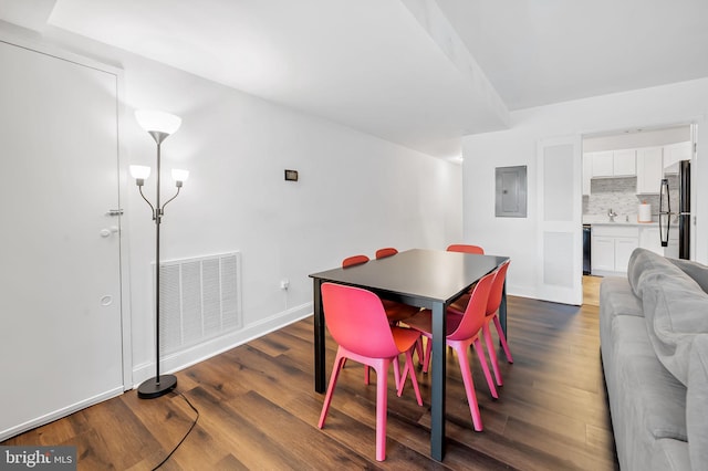 dining area with electric panel and dark wood-type flooring