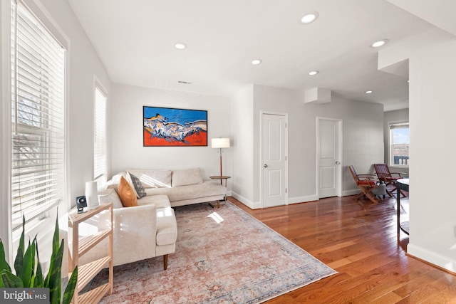 living room featuring dark wood-type flooring