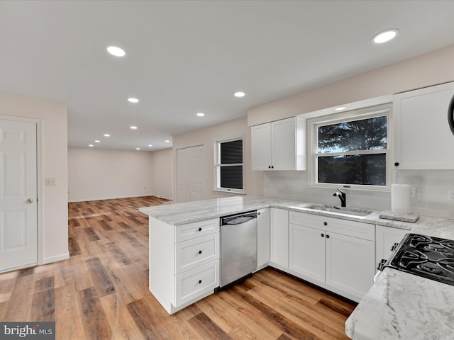 kitchen with kitchen peninsula, stainless steel dishwasher, backsplash, white cabinetry, and sink