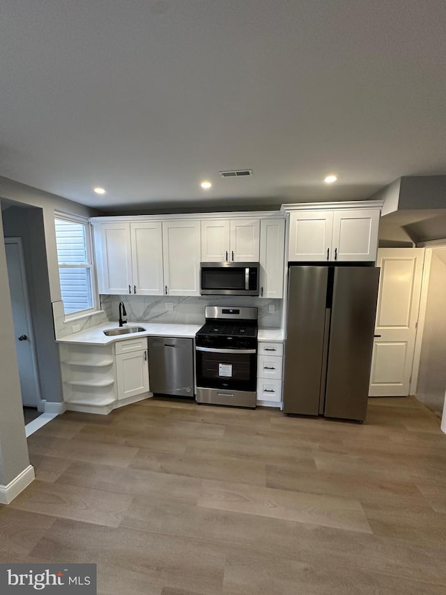 kitchen featuring white cabinetry, sink, stainless steel appliances, tasteful backsplash, and light hardwood / wood-style flooring