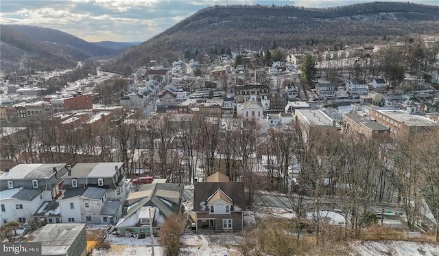 snowy aerial view with a mountain view